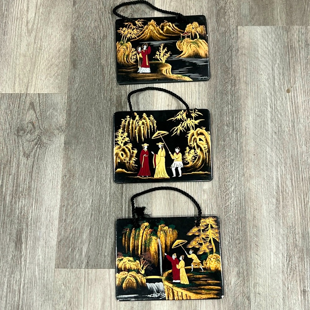 Vintage hand-painted ceramic Chinese art plaques, EUC